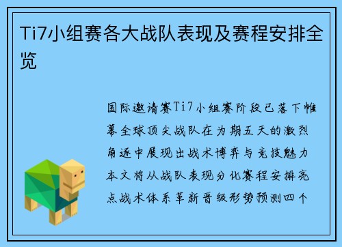 Ti7小组赛各大战队表现及赛程安排全览