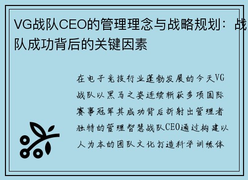 VG战队CEO的管理理念与战略规划：战队成功背后的关键因素